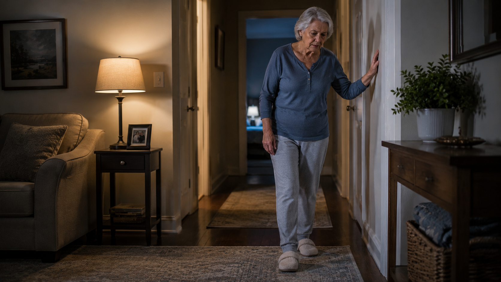 Older adult walking carefully at home while dealing with burning feet and balance concerns.