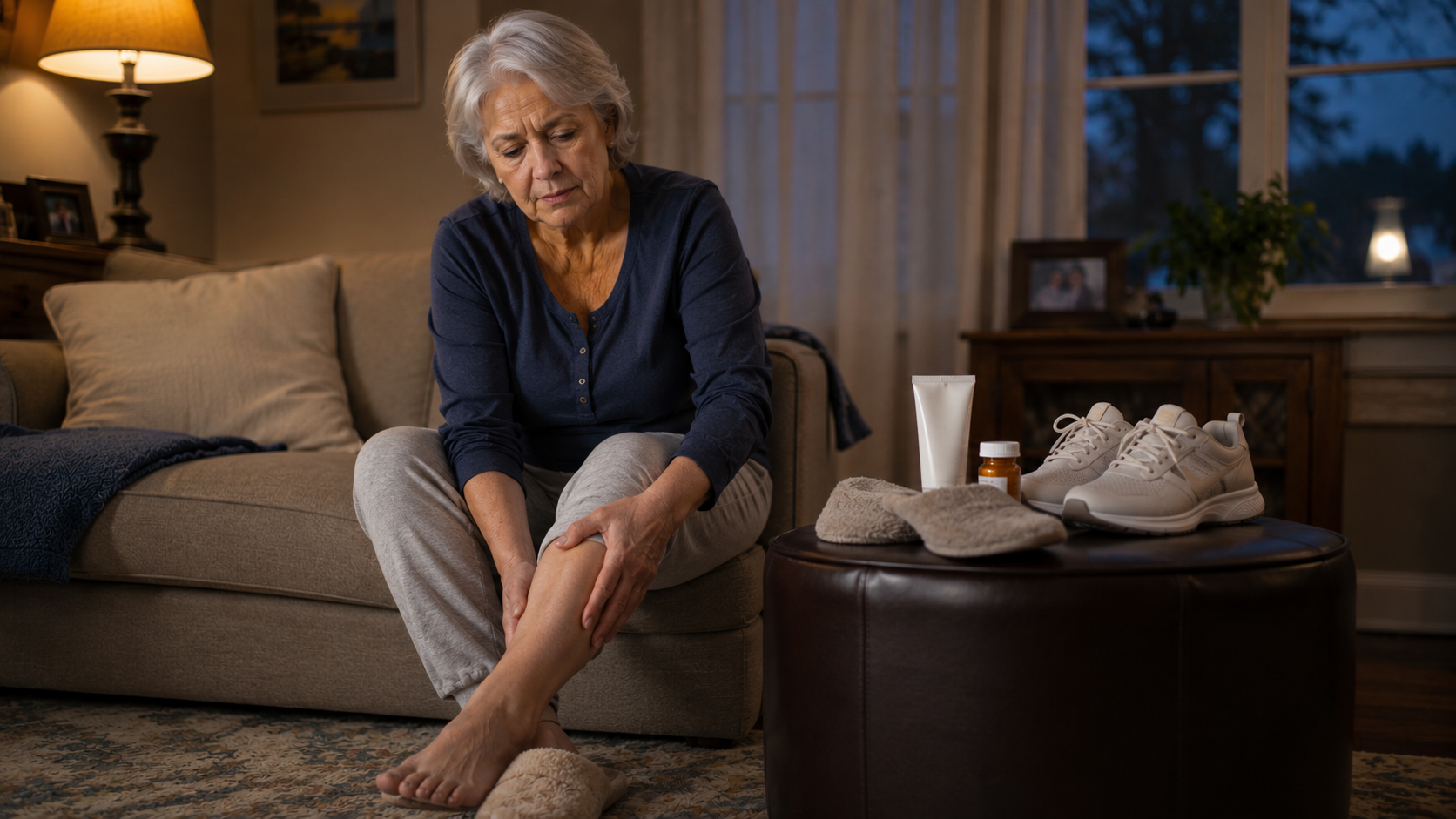 Older adult at home considering temporary comfort methods for recurring burning feet.